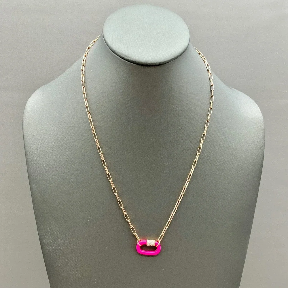 Bomb Party Necklace Gold Tone Paperclip Chain Pink Carabiner CZ Pendant 18-20